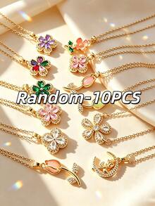4/6/8/10pcs French Elegant Style Multi-Element Series Floral Pendant Stainless Steel Women's Jewelry Set Suitable For Daily Wear/Party/Commute/Business/Holiday Gift - Yellow Gold - View 13