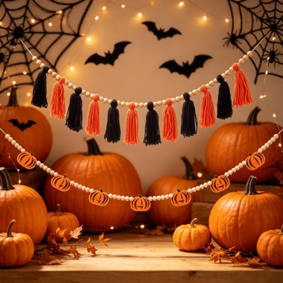1 Set Halloween Decoration Kit, Pumpkin Decor, Orange & Black Tassel Banner, Beaded Hanging Ornament, Suitable For Halloween Decoration, Wall Hanging, Tabletop Decor, Halloween Decorations, Halloween