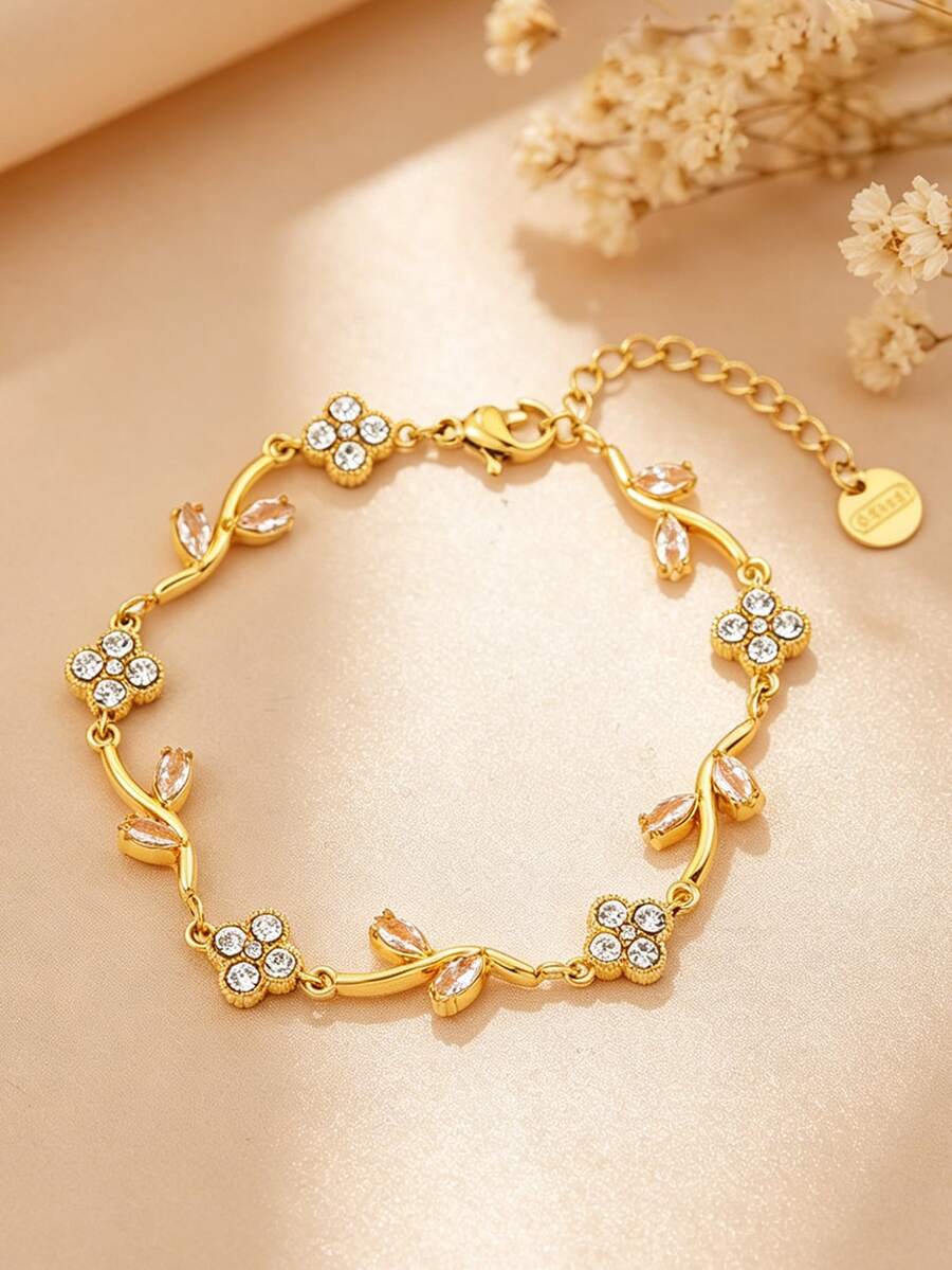 1 buah Gelang Daun Bunga Semanggi Aneka Warna dari Baja Tahan Karat Berlapis Emas 18K, Aksesori Wanita Mewah Bergaya Retro dengan Hiasan Zirkonia dan Bunga - Emas 5 - View 1