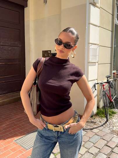 Mori Summer Fall Y2K Women Sweaters Casual Vacation Slim Fit Brown Knitwear Short Sleeve Pullover For Travel Going Out Shopping Party