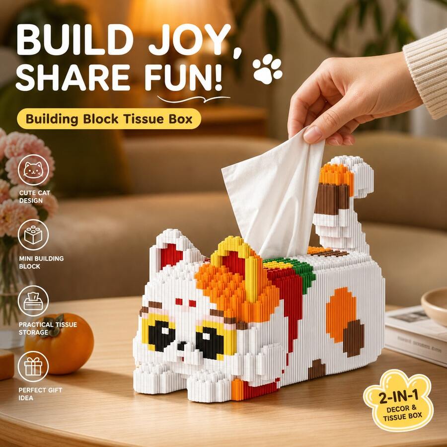 1 Set 417pcs Cat Building Blocks Tissue Box, Cute Cartoon Animal DIY Model Kit With Mini Particles, Practical Desktop Decoration Room Storage Rack Suitable For Bedroom Living Room Office, Birthday Gift For Teens And Adults 14+ - Multicolor - View 1