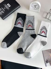 2/3 Pairs Shark Print Colorblock Mid-Calf Socks, Unisex Retro Patchwork Breathable Socks, Street Skateboard Versatile Student Slouch Socks - Multicolor - View 1