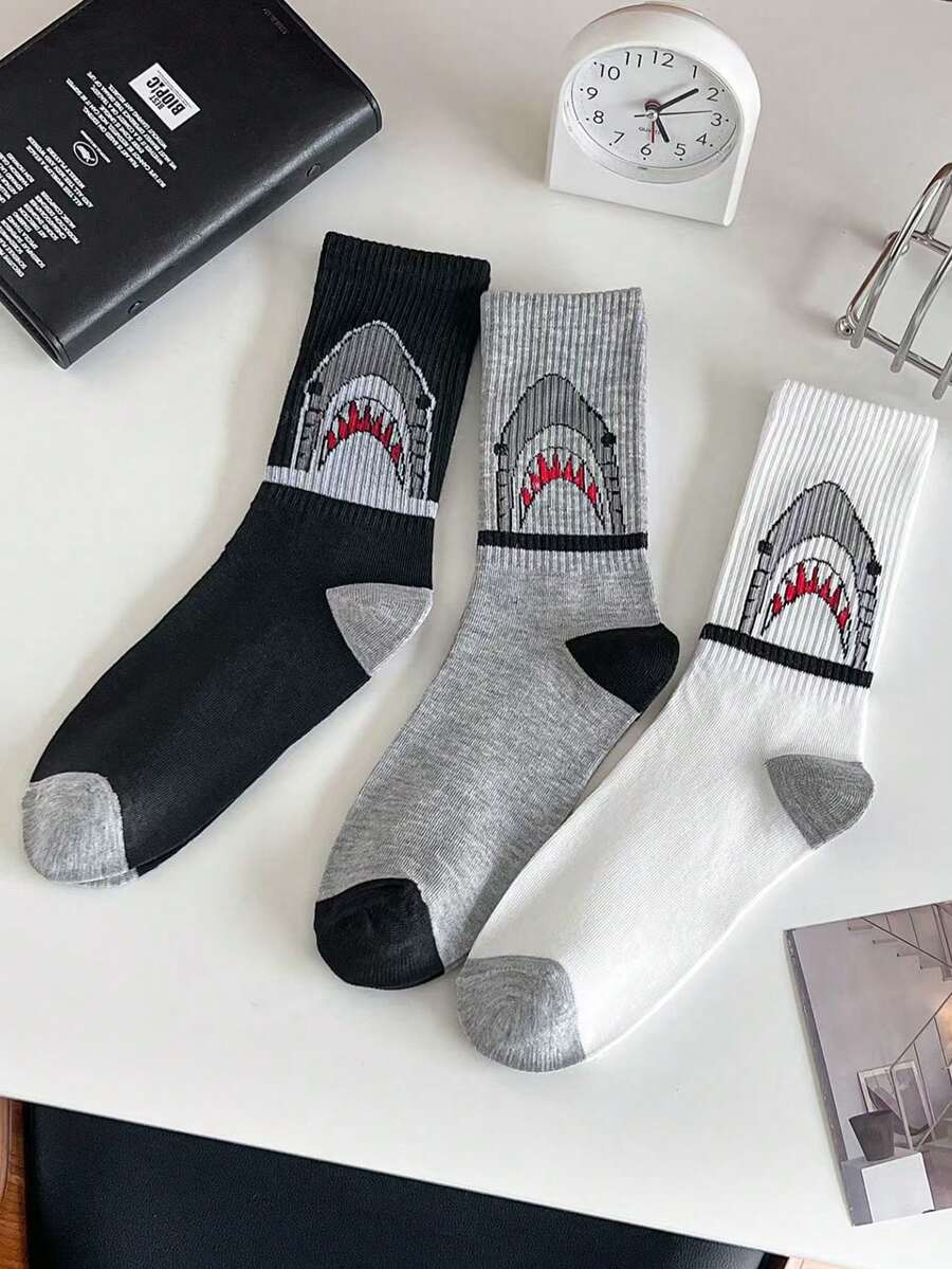 2/3 Pairs Shark Print Colorblock Mid-Calf Socks, Unisex Retro Patchwork Breathable Socks, Street Skateboard Versatile Student Slouch Socks - Multicolor - View 1