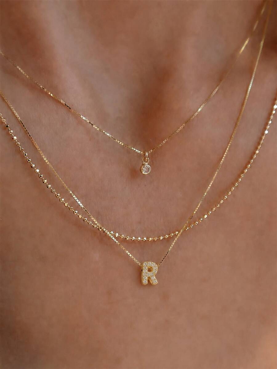 3pcs/Set Mini Vintage Cute 3D Bubble Cube Cubic Zirconia Gold Initial Pendant Necklace, Shiny A-Z Letter Chain, Personalized Y2K Women's Jewelry Gift - Yellow Gold - View 1