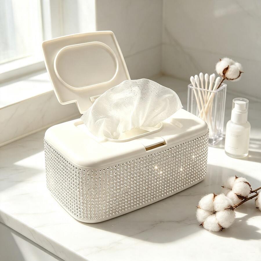 1pc Rhinestone Wet Wipe Storage Box, Portable White Plastic Tissue Box, Decorative Shiny Diamond Tissue Holder For Bathroom, Vanity, Desk, Home Decor - Multicolor - View 1
