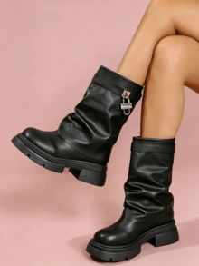 Women's Black Lock Decor Slouchy Mid-Calf Boots, Chunky Platform Casual Boots - Hitam - View 1