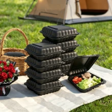 FookmeKag 50/150 Pieces Of 8"/9 Inch Black 3-Layer Portable Food Containers With Double-Layer Lids, Disposable High-Strength Plastic Hinge-Style Lunch Boxes, Suitable For Use In Microwave Ovens And Refrigerators. - 50pcs - 查看 5