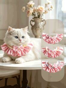 Princess Style Pink Satin Pearl Bib, Pink Ruffle Bib, Elegant Cat Elegant Dog, French Lace Bow Tie, Universal For Cats And Dogs - Multicolor - View 2