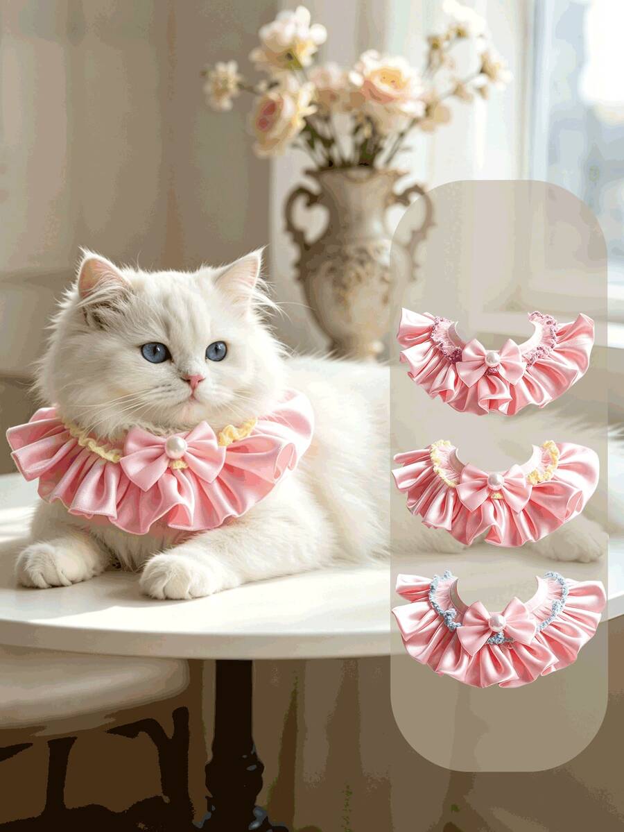 Princess Style Pink Satin Pearl Bib, Pink Ruffle Bib, Elegant Cat Elegant Dog, French Lace Bow Tie, Universal For Cats And Dogs