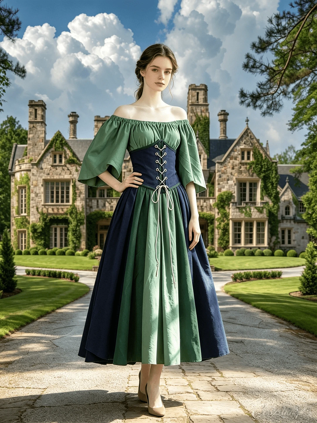 Women's Medieval Renaissance Costume, Cold Shoulder Bell Sleeve Top, Lace-Up Waist Belt And Color-Block Long Skirt, Vintage Elf Style Cosplay Party Outfit - Green - View 1