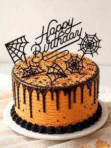 18pcs Black Acrylic Halloween Cake Topper Set, Spider Web Happy Birthday Cake Decoration, Gothic Horror Party Supplies - A - View 5