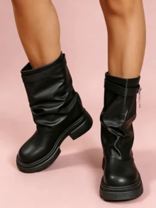 Women's Black Lock Decor Slouchy Mid-Calf Boots, Chunky Platform Casual Boots - Hitam - View 8