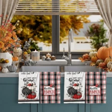 2/4/48入秋系列紅黑格紋 Hello Pumpkin 黑白南瓜圖案印花廚房巾,超柔軟高吸水聚酯纖維抹布與手巾,適合節日裝飾、廚房裝飾、派對裝飾 - 彩色 - 查看 3