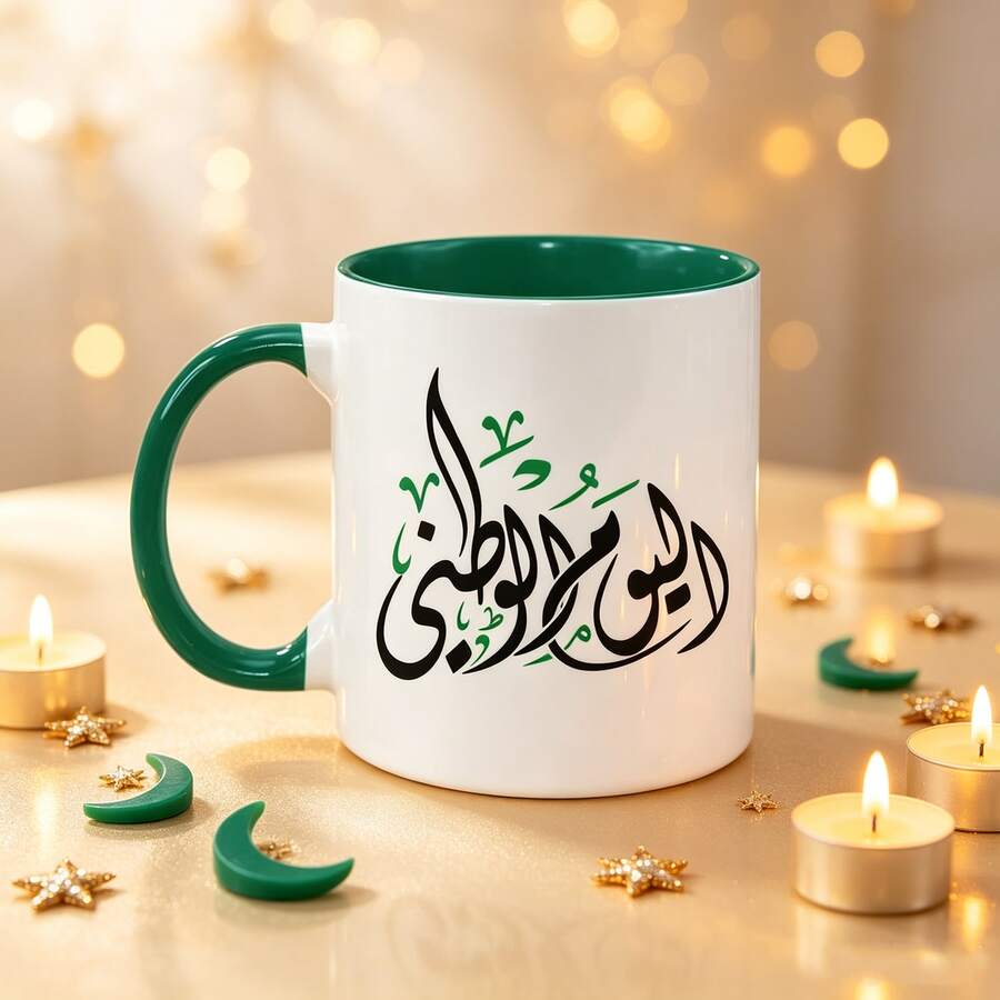 Arabic Patriotic Calligraphy Green Two Tone Coffee Mug, My Nation My Pride Islamic Script Printed Ceramic Cup, Saudi National Day & Eid Al Fitr Adha Gift For Saudis, 11oz Porcelain Daily Drinking Mug