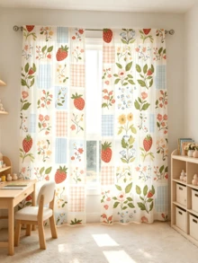2pcs Plaid Strawberry Floral Print Sheer Curtains, Fresh Country Style, Filters Light And Dust, Semi-Transparent Rod Pocket Voile Curtains, Suitable For Living Room, Bedroom, Holiday And Birthday Gift - Multicolor - View 10
