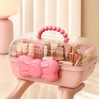 Large Capacity Portable Cosmetic Storage Box With 3-Layer Tray, Transparent Dust-Proof Lid, Bow Handle And Multiple Compartments, Suitable For Cosmetics, Nail Polish And Makeup Tools, Pink