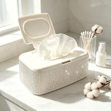 1pc Rhinestone Wet Wipe Storage Box, Portable White Plastic Tissue Box, Decorative Shiny Diamond Tissue Holder For Bathroom, Vanity, Desk, Home Decor - Multicolor - View 6