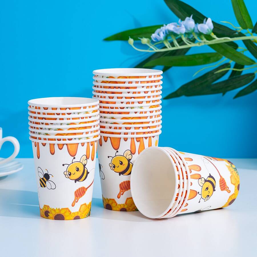 25/10pcs Little Bee Theme Decorative Party Paper Cups, Disposable Party Paper Cups, Cute Cartoon, Paper Material, Suitable For Bee Birthday Party Theme Decoration, Theme Baby Shower, Holiday Party Decoration, Birthday Party, Family Gathering, Birthday Celebration Scene Arrangement, Gift Giving, Baby Shower, Bath, Party Celebration - Multicolor - View 1