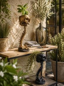 Skeleton Spine Planter, Gothic Resin Planter, Suitable For Succulents, Cacti And Air Plants, High Bone Frame Plant Stand, Indoor And Outdoor Garden Decor, Suitable For Patio, Porch, Balcony, Yard, Home Office, Black Or Bronze - Throat Skull - View 8