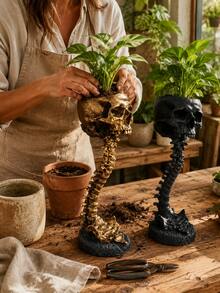 Skeleton Spine Planter, Gothic Resin Planter, Suitable For Succulents, Cacti And Air Plants, High Bone Frame Plant Stand, Indoor And Outdoor Garden Decor, Suitable For Patio, Porch, Balcony, Yard, Home Office, Black Or Bronze - Throat Skull - View 7
