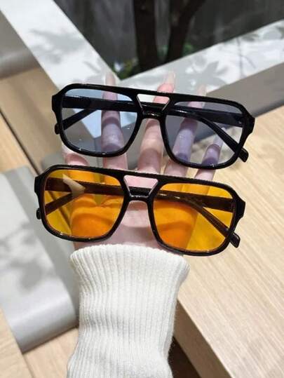 2pcs/1pc Fashion Double-Bar Aviator Style Glasses, Suitable For Men And Women. Beach Accessory. Multiple Colors Available. Suitable For Women's Daily Wear. Suitable For Women's Autumn/Winter Casual And Business Attire. Perfect Gift For Summer Beach Vacation And Travel. Suitable For Summer Beach Vacation.
