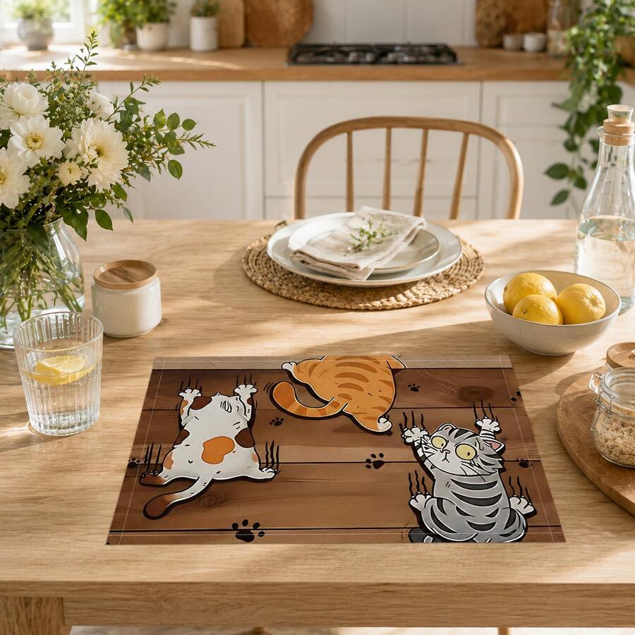 1pc/4pcs/6pcs, Cat Pattern Printed Linen Placemats, Rectangular Table Mats, Washable, Easy To Clean, Plate Mats, Bowl Mats, Western Style Placemats, Suitable For Kitchen, Dining Room, Home Gathering, Coffee Table And Daily Table Decoration - Multicolor - View 1