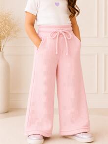 Blogueirinha Children's Wide Leg Pants In Ribbed Cotton Fabric With Pocket, Comfortable And Soft - Rosa Pálido - Ver 3