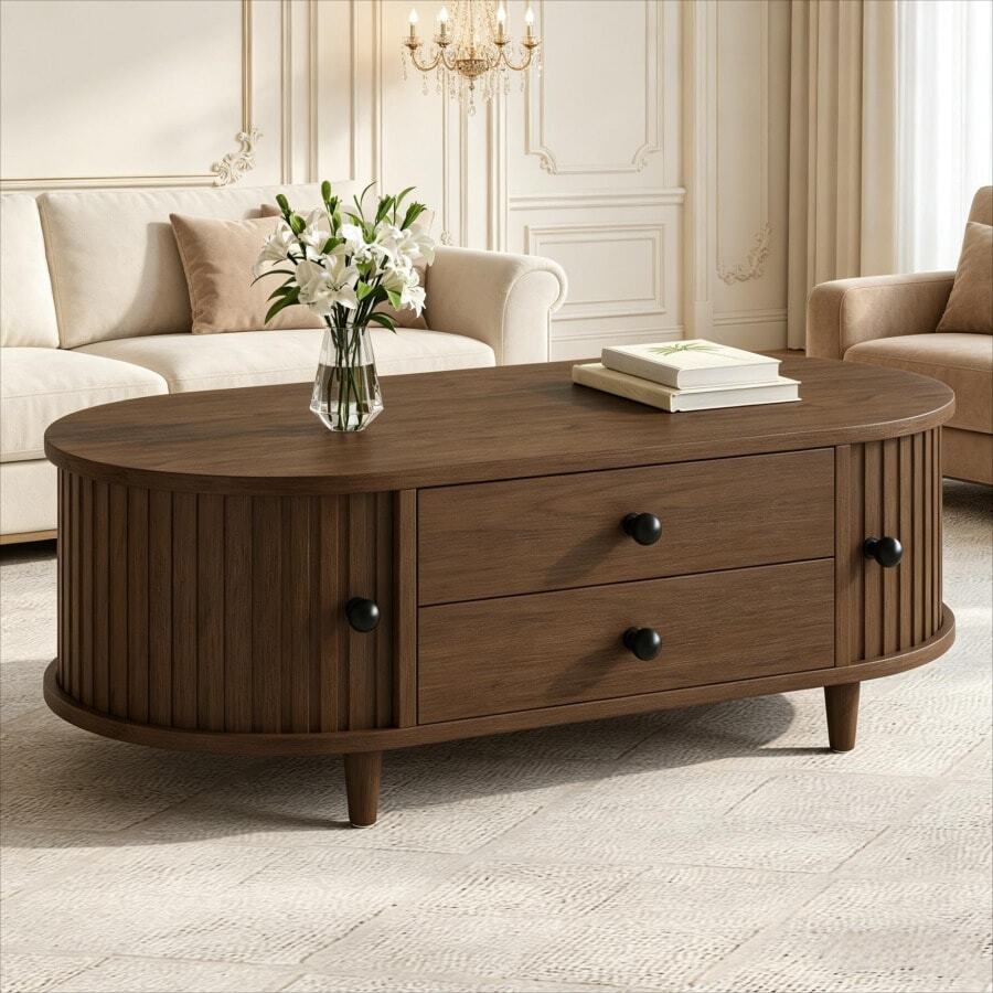Oval Coffee Table With Two Sliding Doors, Rounded Corners, Sofa Table With Storage Space, Side Table With Central Storage Area, Made Of Wood, MDF, Walnut Color (100*50*36 Cm). - Multicolor - View 1