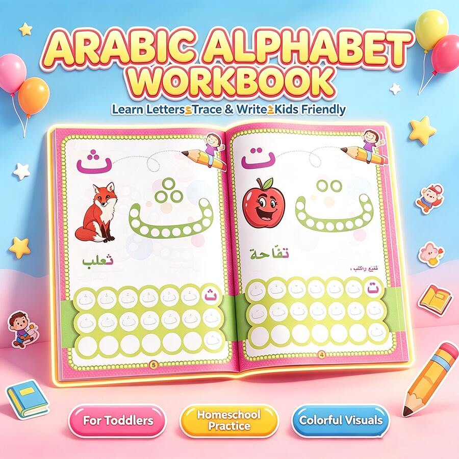 Arabic Alphabet Tracing Workbook, Kids Letter Handwriting Practice Copybook, Cartoon Illustrated Preschool Learning Book, Early Educational Stationery, Ideal For Homeschool, Kindergarten, Home & Classroom Learning For Toddlers 3–7 Years Old - 1 Book - View 1