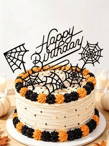 18pcs Black Acrylic Halloween Cake Topper Set, Spider Web Happy Birthday Cake Decoration, Gothic Horror Party Supplies - A - View 2
