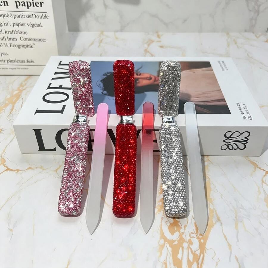 1pc Sparkling Rhinestone Decorated Glass Nail File With Storage Box, Portable Double-Sided Etched Glass Nail Polishing File, Manicure Pedicure Nail Shaping Tool, Suitable For Natural Nails - Multicolor - View 1
