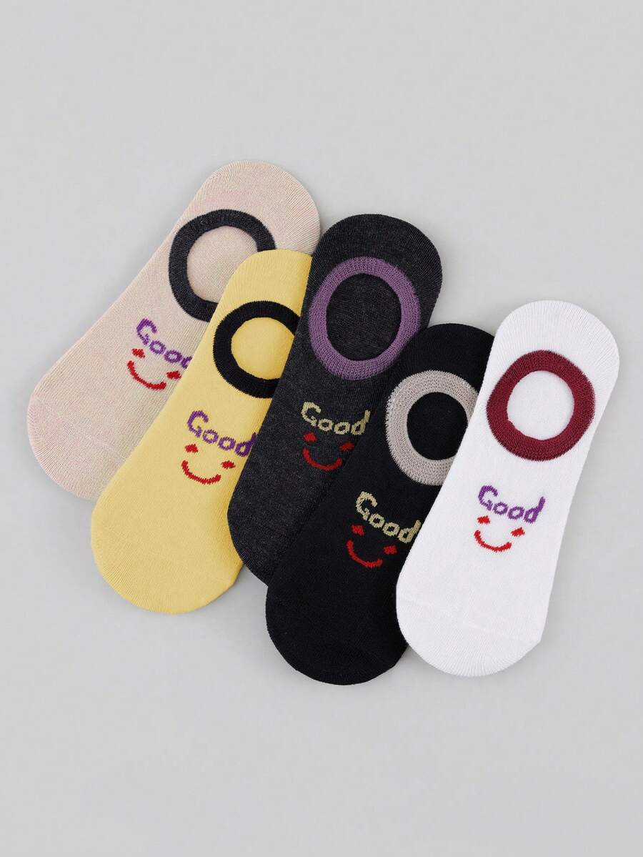 5 Pairs Women's Cute Cartoon Smiling Face & Letter Pattern Low Cut Invisible Boat Socks - Multicolor - View 1