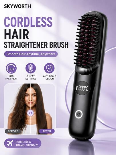 Cordless Hair Straightening Brush For Women, USB Rechargeable Negative Ion Hair Straightener Comb, 3 Heat Settings, Anti-Scald Hair Styling Brush, Portable Travel Straightener For Short, Medium & Fine Hair