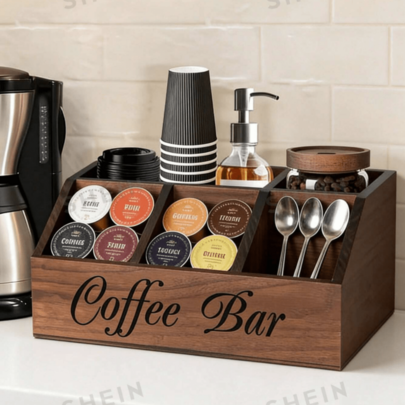 1stuks houten koffiebar-organizer met 5 vakken, vintage boerderijstijl opbergdoos voor op het aanrecht, geschikt voor koffiecups, koffiekopjes, lepels en accessoires, boerderijkeuken koffiestation decoratie