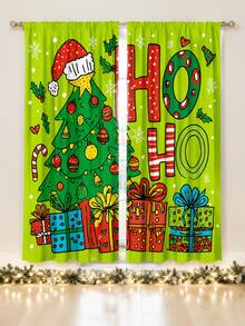 2 Panels Merry Christmas Semi Sheer Curtains, Polyester Cartoon Christmas Tree HO HO HO Gift Box Snowflake Printed Privacy Light Filtering Rod Pocket Window Drapes, Xmas Holiday Decor Curtains For Bedroom Living Room - Multicolor 1 - View 9