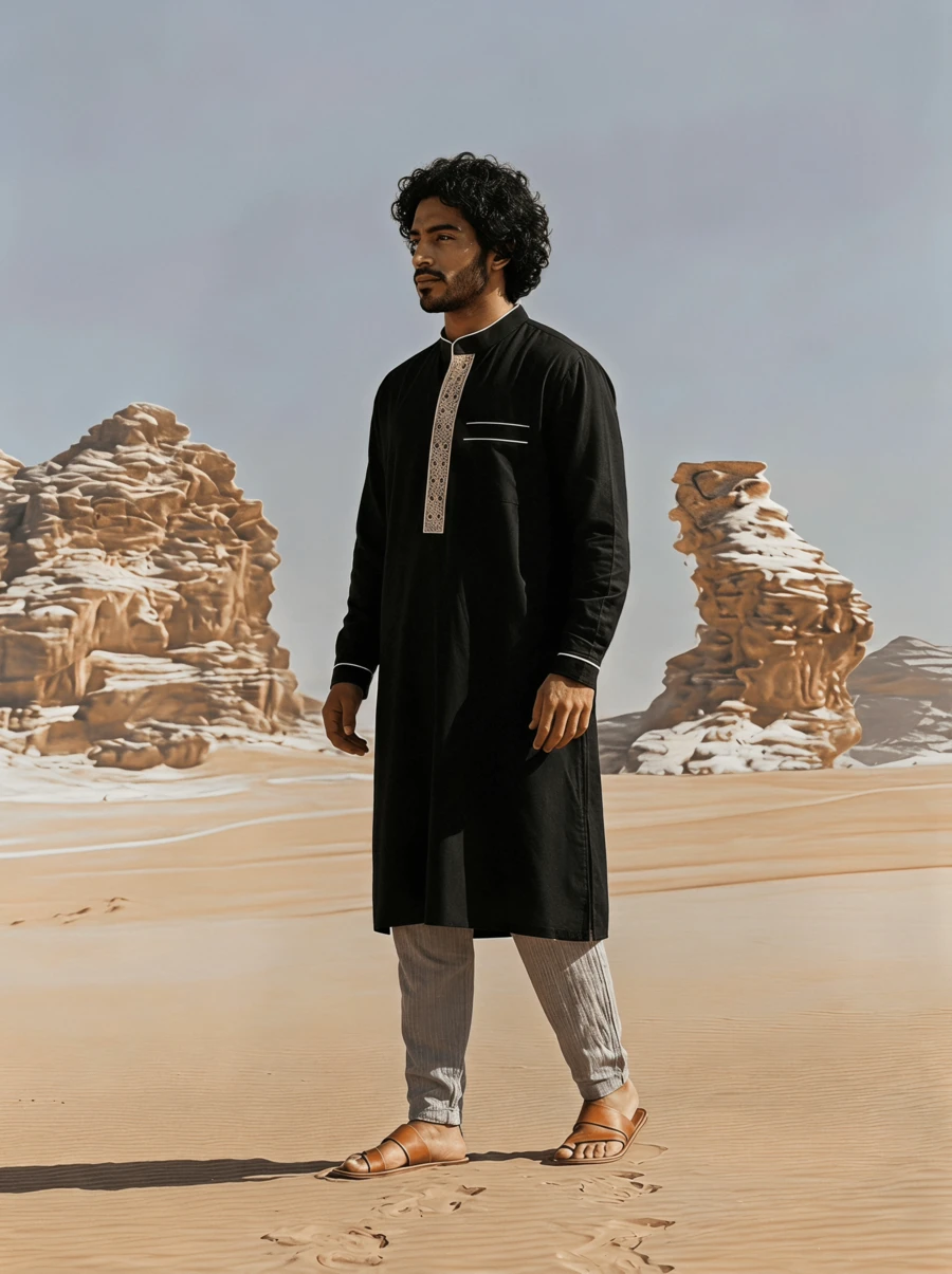 Disqoir Men's Casual Traditional Middle Eastern Clothing, Solid Color Stand Collar Long Sleeve Split Hem Mid-Length Robe - Black - View 1