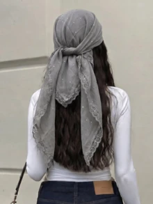 1件女款夏季純色優雅蕾絲花卉水鑽亮片頭巾，奢華波希米亞風頭飾，適合日常穿著、婚禮、教堂及正式場合，夏季海灘度假 - 淺灰色 - 查看 4