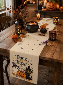 1件裝可愛萬聖節亞麻桌旗，幽靈黑貓南瓜燈鬼屋 Trick Or Treat 印花桌飾，秋季農舍風廚房餐桌萬聖節派對桌旗 - 彩色 - 查看 4