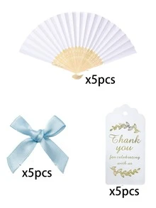 3pcs Blue Wedding Paper Fan Gift Set, Includes White Folding Fan, Blue Bow And Thank You Card, Suitable For Wedding Favors And Party - Multicolor - View 12