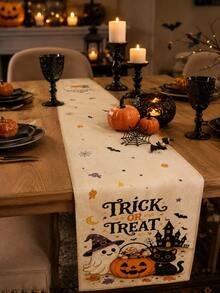 1件裝可愛萬聖節亞麻桌旗，幽靈黑貓南瓜燈鬼屋 Trick Or Treat 印花桌飾，秋季農舍風廚房餐桌萬聖節派對桌旗 - 彩色 - 查看 5