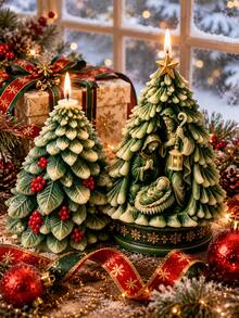 1pc Christmas Tree Silicone Candle Mold, Berry Leaf Short Pine & Star Top Christmas Holy Family Embossed Tall Fir Mold, Full Leaf Texture, Non-Stick Flexible Reusable Silicone, Suitable For DIY Soy Wax Candles, Epoxy Resin, Plaster, Soap, Winter Window Decor And Religious Christmas Gift Box Decoration - Christmas Tree Silicone Mold - View 3