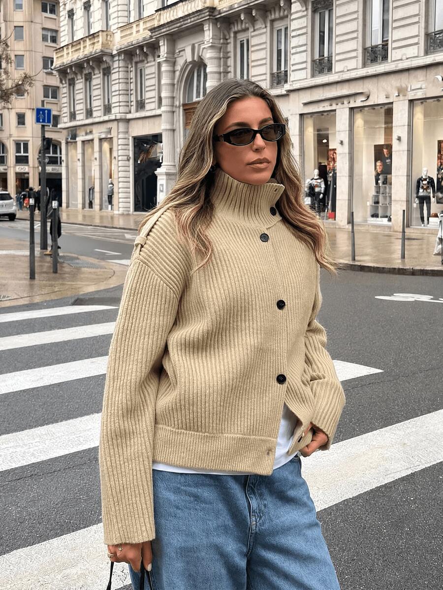 GDDYIN Women's Autumn New Solid Color Front Buckle High Collar Temperament Home College Knitted Cardigan Fall - Olive Green - View 1