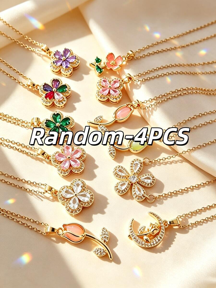 4/6/8/10pcs French Elegant Style Multi-Element Series Floral Pendant Stainless Steel Women's Jewelry Set Suitable For Daily Wear/Party/Commute/Business/Holiday Gift - Yellow Gold - View 1