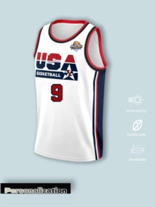 American Retro Customized Basketball Jersey, Classic USA Fan Jersey; Free Printing Of Name, Number And Team Logo, Comfortable And Soft. Unisex Sports - Red and White - View 2