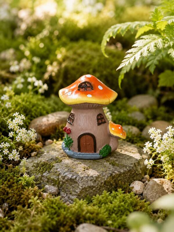 Estatua de casa de hongo de jardín, accesorio de micro paisaje de suculentas en maceta, adorno de escenario de piedra de musgo para patio exterior, decoración de disposición de plantas verdes para balcón y patio, adorno botánico de escritorio estilo bosque, decoración de escena de maceta de planta para ventana
