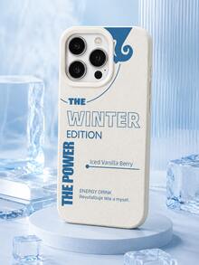 1PC Minimal Typography Phone Case Compatible With Iphone 15 14 13 12 11 Pro Max, Cream White Grain Leather Base Klein Blue "The Winter Edition The Power" Energy Drink Text Abstract Curve Graphic Cream White Frame Shockproof Phone Shell - Beige - View 4