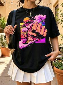 Luffys Neon Steam Big Fist Foreground Cotton T-Shirt One Pieces Vibrant Battle Anime Tee - Black - View 1