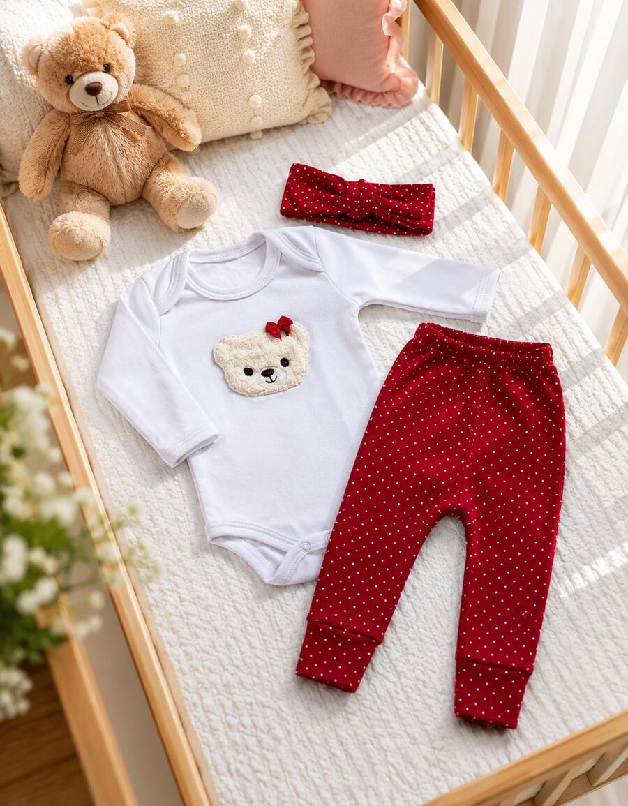 Sempre Bebê Baby Girl Clothing Set Long Sleeve Bodysuit With Pants And Headband Blogueirinha Diva Leopard Kitten Bow Outfit Winter Cold Weather Set Red Polka Dot Teddy Bear - 紅白色 - 查看 1