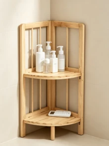 1pc Floor-Standing Curved Corner Solid Wood Shelf, Storage Rack For The Dry Area Of Bathrooms, Multi-Functional Corner Shelf For Small Apartments. - Maple - View 3