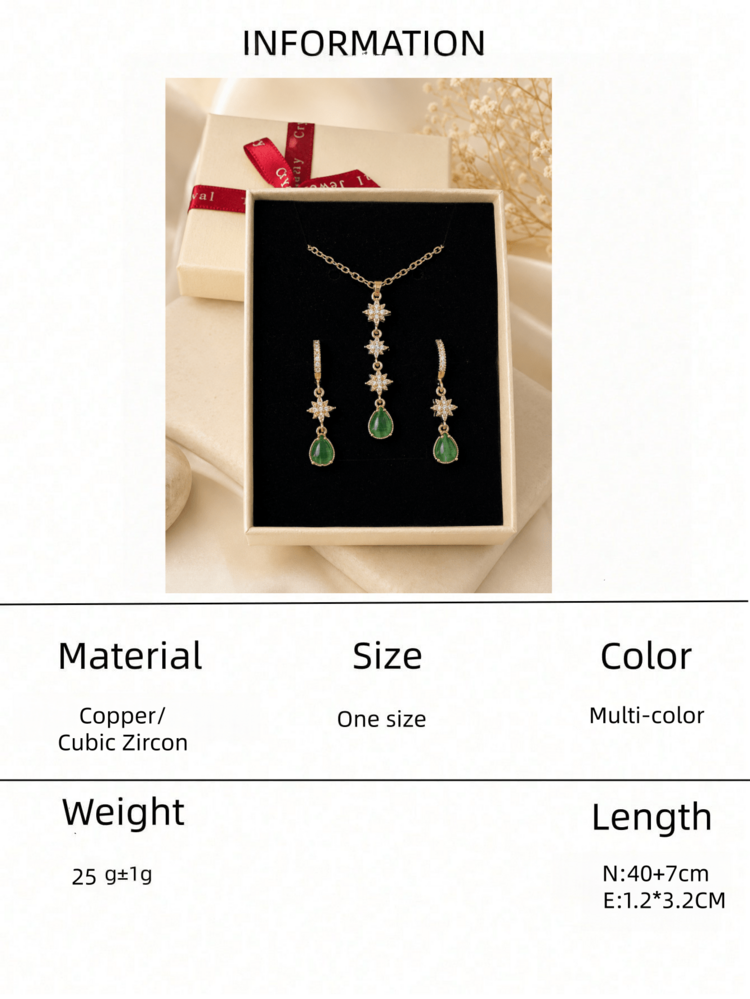 3Pcs Cubic Zirconia Starburst Green Teardrop Necklace And Dangle Earrings Jewelry Set For Women & Girls,Wedding Jewelry, Bridal Gift - Eight-pointed Star - View 7